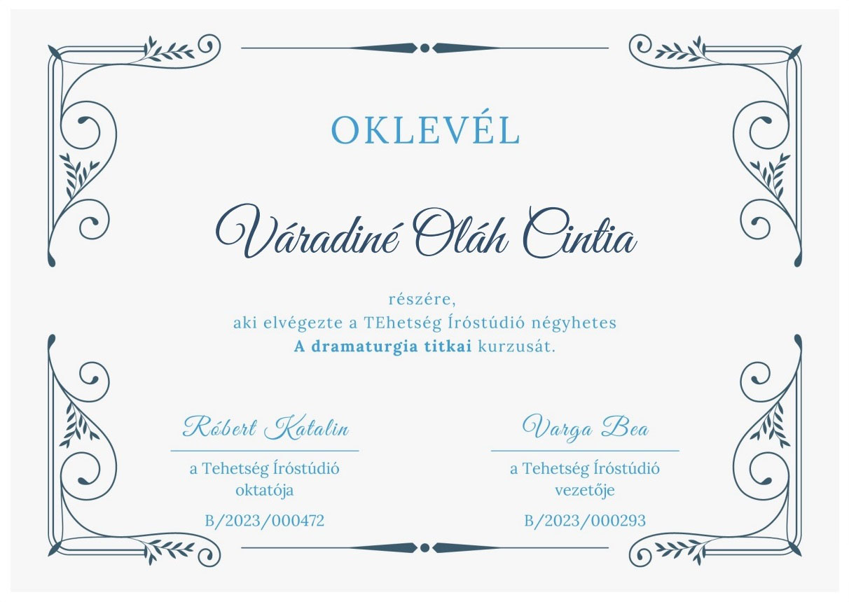 Oklevél — Tehetség Íróstúdió: A dramaturgia titkai