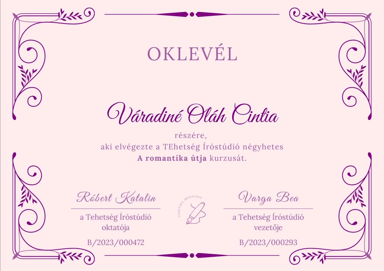 Oklevél — Tehetség Íróstúdió: A romantika útja