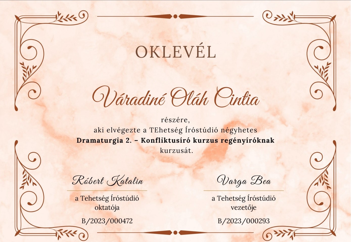 Oklevél — Tehetség Íróstúdió: Dramaturgia 2.